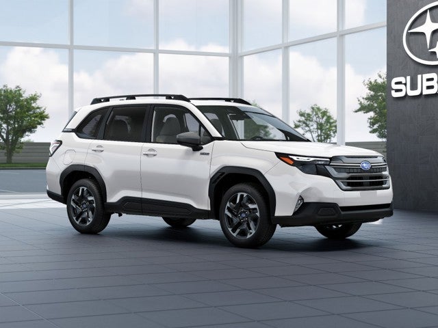 2026 Subaru FORESTER Premium Hybrid in Crystal White Pearl — front three-quarter view